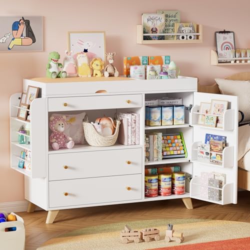MSFE Wickelkommode mit Abnehmbarem Wickelaufsatz, WickelKommode mit 3 Schubladen und Regale, Vielseitiger Wickeltisch Weiß mit Stauraum, bis zu 100KG,Keine Wickelunterlage enthalten,110x100x40cm