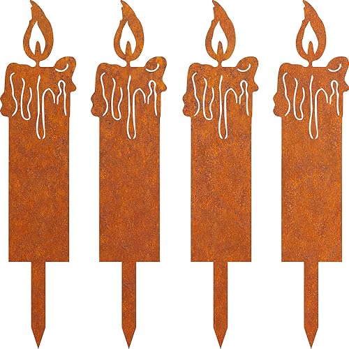 JYUECIAN Rost Kerze Gartenstecker Grabdekoration Wetterfest Weihnachtsdeko Gartendeko, 4 Stück, 24cm
