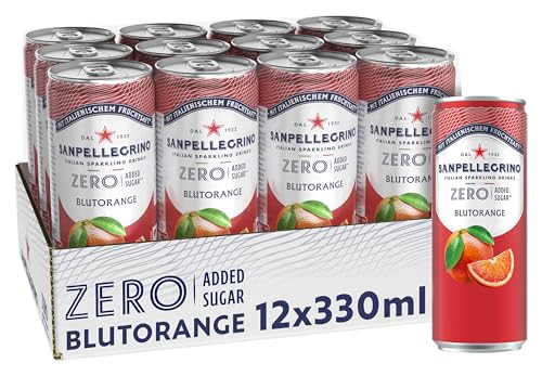San Pellegrino Blutorange Zero Added Sugar, Blutorangen-Limonade mit 10% Fruchtsaft, ohne Zuckerzusatz, 12er Pack (12 x 330ml) Einweg-Dosen