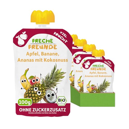 FRECHE FREUNDE Bio Quetschie Apfel, Banane, Ananas mit Kokosnuss, Fruchtmus mit Obst im Quetschbeutel für Babys ab dem 6. Monat, vegan, 6er Pack (6 x 100g)