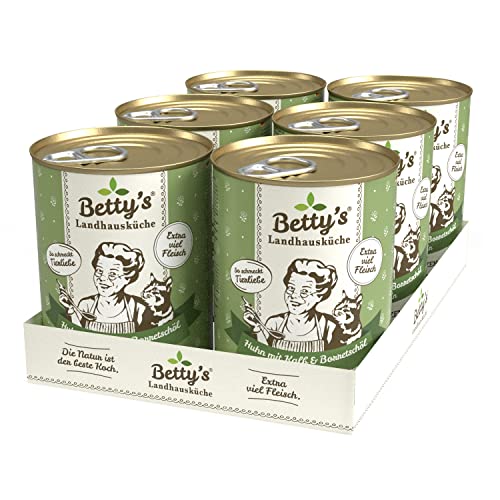Betty's Landhausküche Dose Nassfutter Katze, getreidefrei, beste Qualität, hochwertiges Fleisch, schonend gegart, für alle Katzenrassen geeignet, Huhn & Kalb mit Borretschöl 6 x 400g