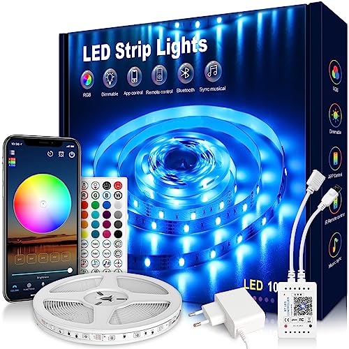 VKH LED Strip 10m, LED Streifen Bluetooth RGB LED Band 10m Selbstklebend mit Fernbedienung und APP, LED Lichterkette LED Beleuchtung für Zimmer Party