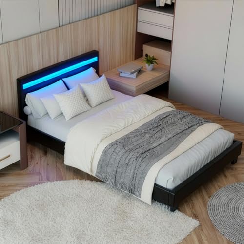 Juskys Polsterbett 120x200 cm – Bett Paris mit LED Beleuchtung, Lattenrost & Kopfteil, modernes Doppelbett aus Kunstleder & Holz – Schwarz
