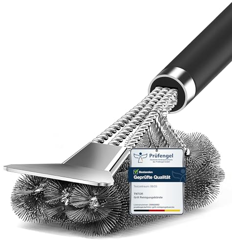 Grillbürste, TNTOR Grill Reinigungsbürste mit Extra Langer Edelstahl Borsten, Edelstahl Spatel und PP Wärmedämmung Griff, für Gasgrill, Holzkohlegrill, Kugelgrill, Elektrogrill und Grillrost.