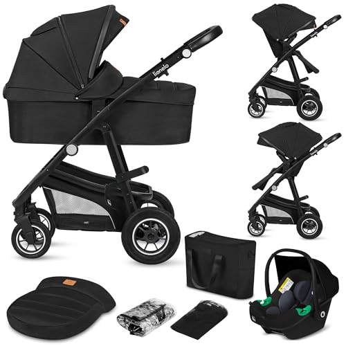 LIONELO BIANKA Kinderwagen 3 in 1 bis 22 kg Babywanne Autositz, Zusammenlegbar, Reise-System, Einstellung der Rückenlehne, Räder 360 Stoßdämpfer, Verdeck XXL