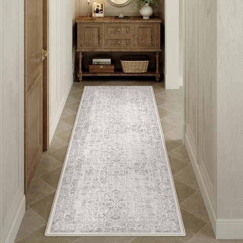 HUGEAR Vintage Grau Waschbarer Teppich 60x180cm LäUfer Flur rutschfest Weich Vorzimmer Tepich Kurzflor Schlafzimmer Retroteppiche KüChe Bedroom Brücken Hallway Carpet