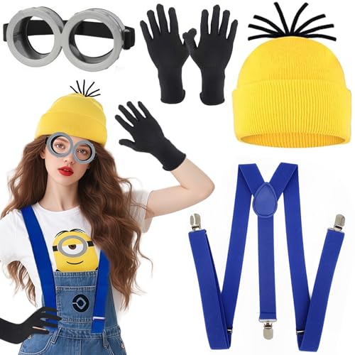 ZeiLaBang Kakadi 4 Stück Minion Kostüm Zubehör,Gelbes Kostüm set für cosplay,1 Brille Gelbe 1 Mütze 1 Schwarze Handschuhe Set,Schwarze Handschuhe und Gelbe Beanie Hüte, für Damen Herren Kinder