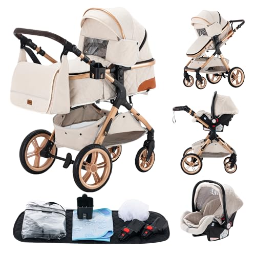 GLOKID Kinderwagen 3 in 10,Reisesysteme, Babywanne Buggy,Voll-Gummireifen,Mit Einem Klick Zusammenklappbarer, Rain cover Mosquito net, Mummy Bag