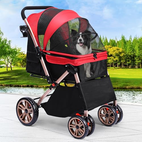 YITAHOME Hundebuggy Hundewagen klappbar für Hunde & Katzen, Haustierbuggy bis 22 kg mit umkehrbarem Griff, Netzfenstern, Getränkehalter, 360° drehbare EVA-Räder mit Bremsen (Rot)
