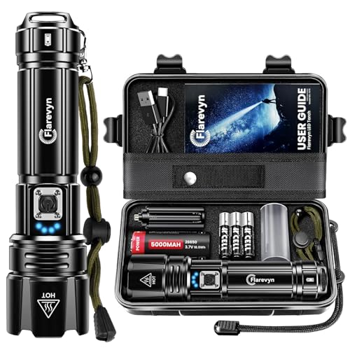 Flarevyn Hochleistungs-LED-Taschenlampen - 1000000 Lumen wiederaufladbar, 5000 mAh Akku, IP67 wasserdicht, 5 Modi, tragbare leistungsstarke Taschenlampen, für Camping/Wandern/im Freien/Notfälle