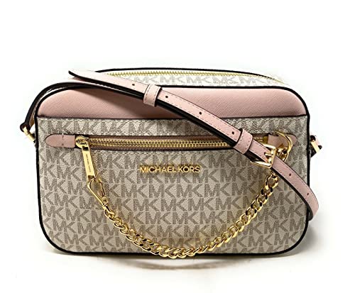 Michael Kors Jet Set East West Chain Crossbody Vanilla MK Powder Blush Pink Bundled with Jet Set Card Holder in Ballet