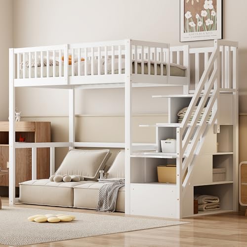 Kebnor 90 * 200cm Hochbett mit Sicherheits-Aufbewahrungsleiter, Bettgestell aus massivem Kiefernholz für Kinder und Jugendliche (Weiß)