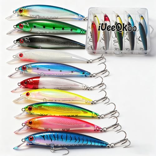 iUeeQKoo 10 Stück Hecht Köder,Kunstköder Wobbler Set,Angelzubehör,Fisch Köder Swimbait lebensechter für Zander Barsch Forellen, Angelköder für Süß und Salzwasser,Raubfisch,Angeln Geschenk (10, A)