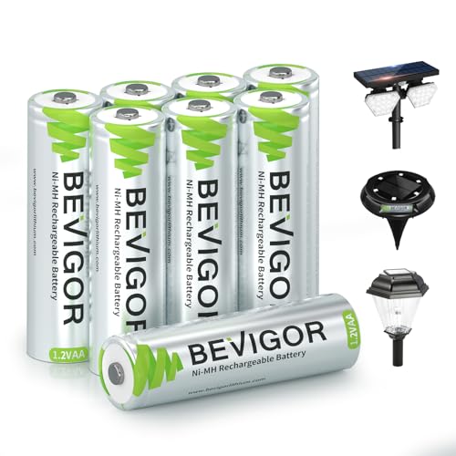 BEVIGOR 8 Stück 1000mAh 1.2V wiederaufladbare Solar-Batterien, leistungsstarke AA NI-MH-Akkus, geeignet für Außen-Solarleuchten, Lichterketten