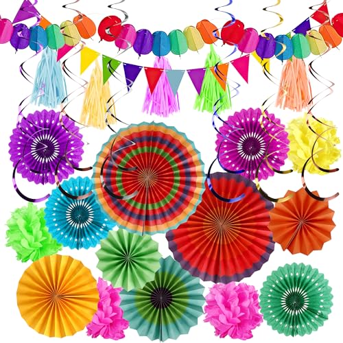 Pack of 38 Colourful Party Decoration,Decorative Paper Flower Pom Poms, Rosettes,Rainbow Pompoms, Fans Fans, Party Decorations Birthday Set,Weddings & More