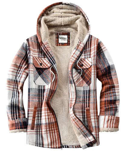 WINDFIT Damen Fleece-Flanelljacke mit durchgehendem Reißverschluss, kariert, Sherpa-Futter, Jacke für Damen, Frisches Orange, L