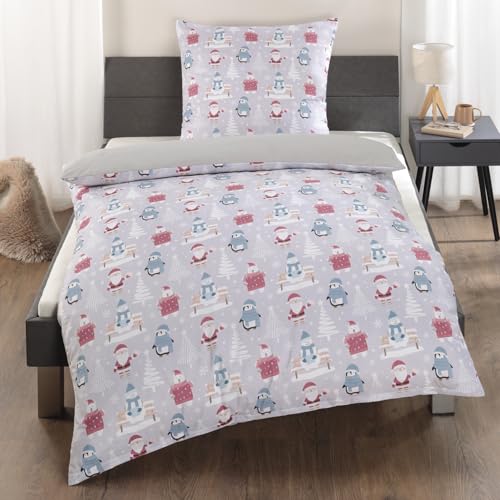 Delindo Lifestyle Bettwäsche 135x200 cm, Bettbezug zu Weihnachten mit Weihnachtsmann & Pinguin Motiv, Microfaser, mit 80x80 cm Kissenbezug, Grau