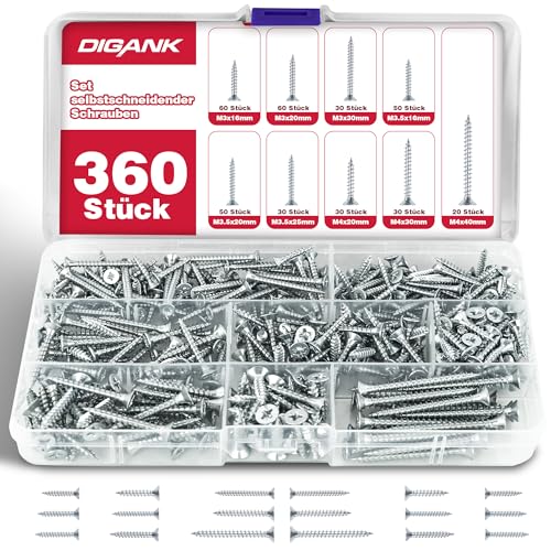 Schrauben Set, 360 Stück Holzschrauben, Selbstschneidende Schrauben mit Senkkopf, Holzschrauben Sortiment mit Aufbewahrungsbox (M3,M3.5,M4) für DIY-Projekt, Reparatur