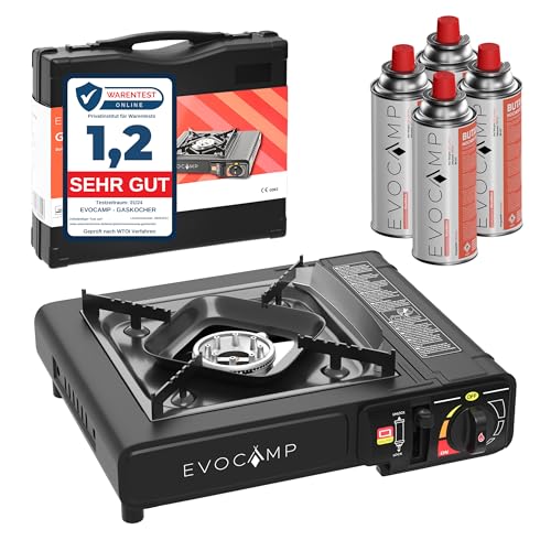 Gaskocher 1-flammig mit Piezozündung, Campingkocher für Gaskartuschen MSF-1a 227 g, Camping Herd mit Tragekoffer - Ideal für Outdoor (1-flammiger Gaskocher + 4 Gaskartuschen)
