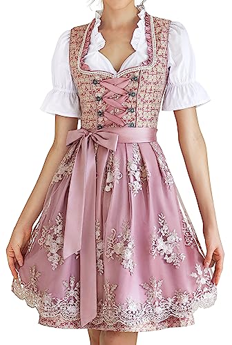 Dirndl Damen Midi Trachtenkleid inkl. Trachtenrock Dirndlbluse Dirndlschürze für Oktoberfest Pink 40