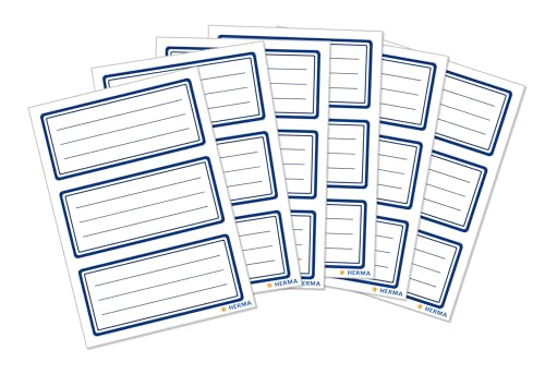 HERMA 5798 Buchetiketten zum Beschriften neutral blauer Rand, 18 Stück, 76 x 35 mm, selbstklebend, liniert, Buchaufkleber für Schule Kinder Mädchen Jungen, blanko Heftetiketten Aufkleber, weiß
