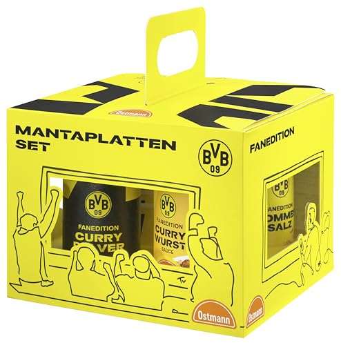 Ostmann BVB x Ostmann – Manta-Platten-Set | Currywurst-Pommes für Selbermachen | Pommessalz, Currypulver, Currywurstsauce und 8 Schalen in der BVB-Fanedition | Ideal zum Verschenken