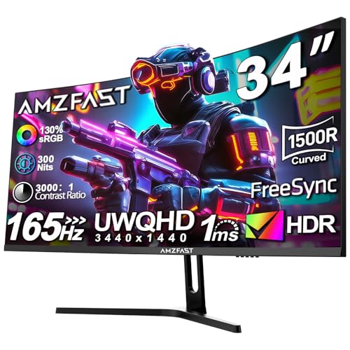 Amzfast 34 Zoll Curved Gaming Monitor - 165Hz(DP), 21:9 UltraWide QHD(3440x1440), 1 ms GtG, sRGB 130%, DCI-P3 95%, HDR, Adaptive Sync, Eyes-Care, VESA 75x75, HDMI 2.0*2/DP 1.4*2, PIP/PBP - AMZG34C5Q