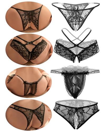 4er Pack Damen String Ouvert für Frauen, Niedrige Taille Spitzen Unterwäsche Frauen Set, Tanga Damen Sexy Dessous Unterwäsche Mit Offenem Schritt, G-String V-String Höschen Reizwäsche Thongs