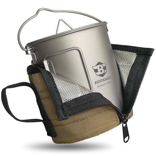 Bestargot 750ml Titan Becher & Tasse, Ultraleichtes Camping Topf Geschirr Set, Faltbarer Outdoor-Topf mit Isolierbeutel für Trekking, Wandern, Solo-Camping & Bushcraft
