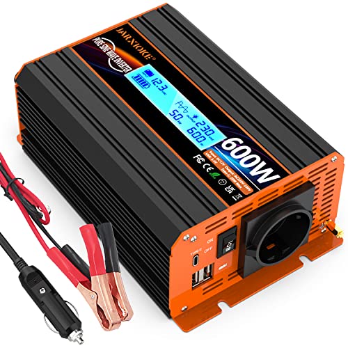 600W/1200W Wechselrichter 12v auf 230v Reiner Sinus Spannungswandler Power Inverter Umwandler Stromwandler mit EU-Steckdose LCD Digital Anzeig Konverter