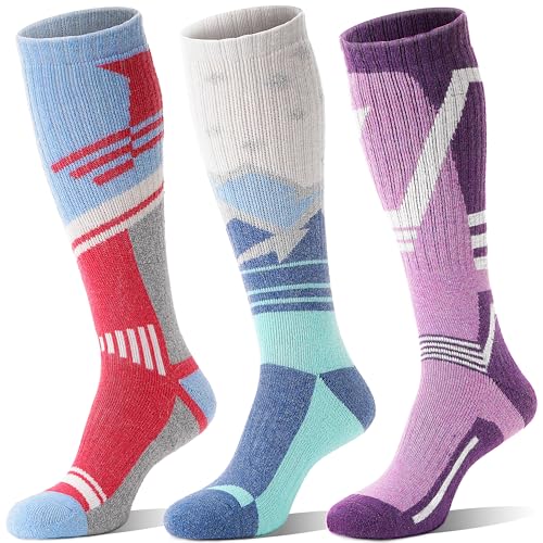 Sandsuced Merino Wollsocken Skisocken Warme Thermosocken Thermo Dicke Wintersocken für Herren Damen Winter Ski Geschenke Socken 3 Paare(Rot/Blau/Violett, M)