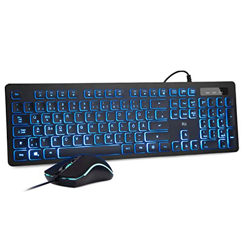 Rii Gaming Tastatur und Maus Set mit Kabel, 3 LED Hintergrundbeleuchtung QWERTZ (DE-Layout), Kabelgebundene Tastatur mit Maus für PC, Computer, Laptop, Schwarz