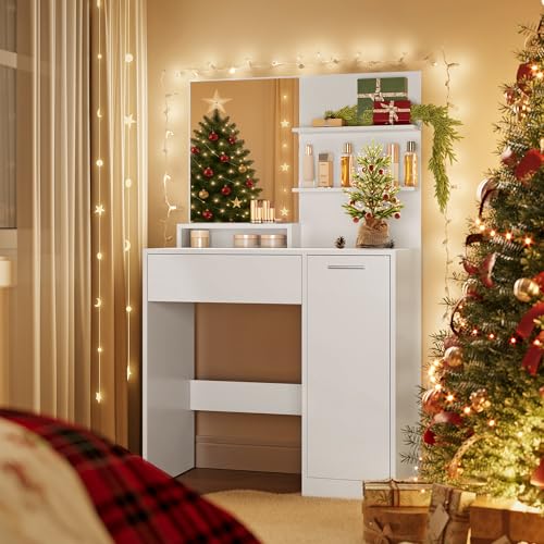 VASAGLE Schminktisch, Frisiertisch, mit Spiegel, Aufbewahrungsfach, 2 verstellbare Ablagen hinter der TÜr, 1 Schublade, 2 Ablagen, weiß RDT119W01