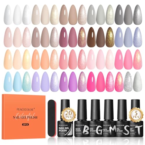 PEACECOLOR 25 Stück UV Nagellack Set, 20 Farben Nude Rosa Braun Glitzer Gel Nagellack UV für Nagel Design, Base und Top Coat mit Nagelfeilen für Nagelstudio DIY Home, 7ML