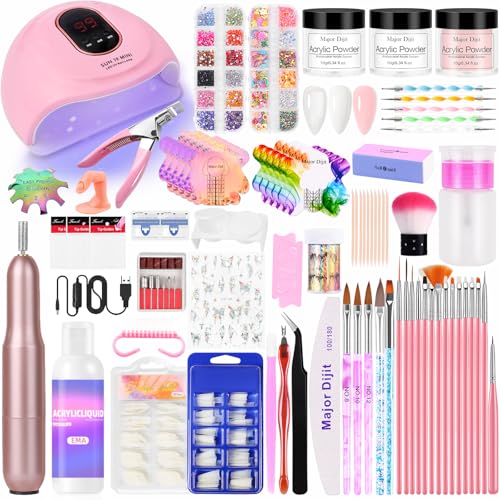 Major Dijit Nagel Set für Acrylnägel mit UV-Licht | Starter-Kit mit Acrylpulver, elektrischem Nagelfräser, Zubehör & Deko | Komplettset für Anfänger & Home-Salon (Transparent/Weiß/Nude)
