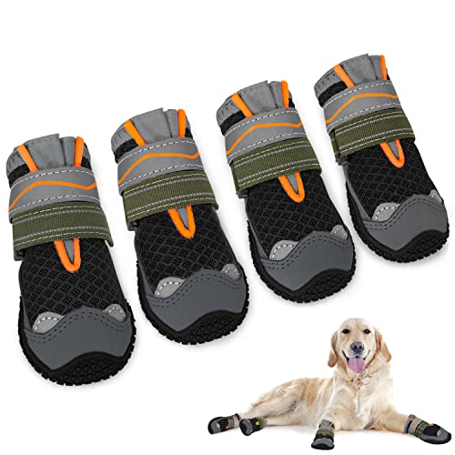 SlowTon Hundeschuhe Pfotenschutz, 4 Stück atmungsaktive Hunde Schuhe Outdoor mit Rutschfester Sohle, verstellbarem reflektierendem Klettverschluss Hundestiefel für kleine, mittlere und große Hunde