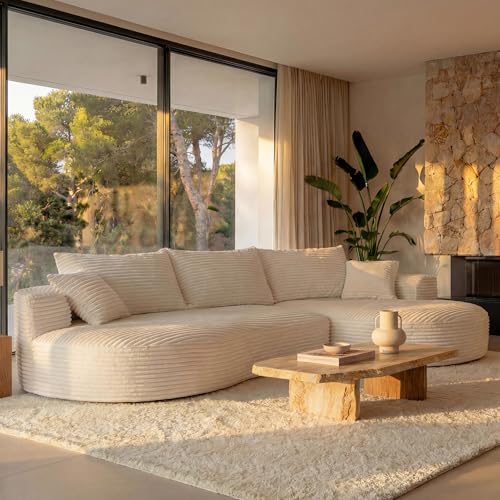 Mendler Sofa-Garnitur HWC-P19, 3-Sitzer Couch Loungesofa, Stoff/Textil Cord (370 g/m²) Liegefläche rechts - weiß