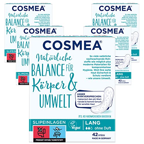 Cosmea Slipeinlagen, mit pH-Wert-Balance, ohne Duft, TMA, Vorteilspack (5er Pack) Hygiene-Einlagen aus nachwachsenden Rohstoffen. Damen-Hygiene im Einklang mit der Natur (Lang