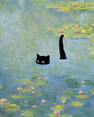 Clendo Malen Nach Zahlen Erwachsene Schwarze Katze,Bastelset Erwachsene Gemälde See,Kreativ Set für Erwachsene,DIY Handgemalt Ölgemälde Kit für Anfänger für Geschenke 30X40cm