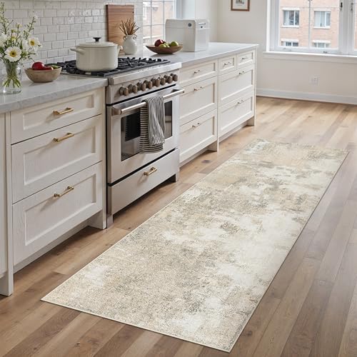 PureCozy Waschbarer Abstraktes Teppich 60x180 cm,Beige Teppichläufer Flur rutschfest für Wohnzimmer Schlafzimmer Balkon LäUfer KüChe Esszimmer BüRo Flach, Indoor Modern Weicher Kurzflor Carpet