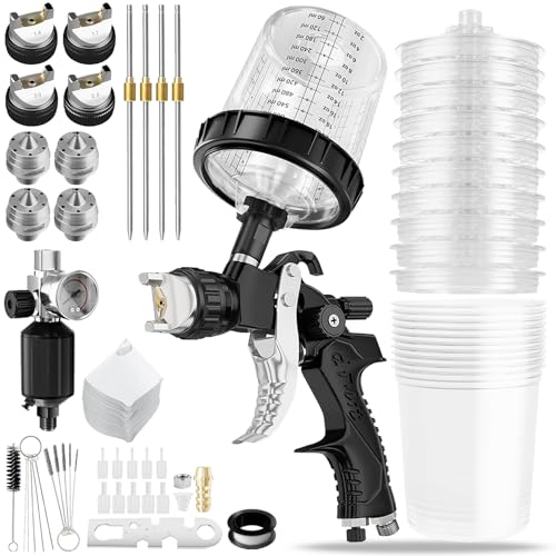 HVLP Lackierpistole Spritzpistole Kit mit 1,4/1,7/2,0/2,5mm Düsen & Luftdruckregler für Lackierpistole, Druckluft Schwerkraft Sprühgeräte mit 600ML Sprühpistolenbecher und Farbspritzpistole Zubehör