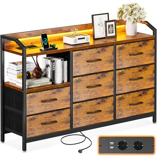 ODK Kommode mit Schubladen, Schubladenschrank mit LED-Lichtstreifen mit 10 Einstellbaren Farben und 2 USB- und 2 AC-Steckdosen, 8 Stoffschubladen, Wohnzimmer Schlafzimmer Kommode, 110*30*88cm Vintage