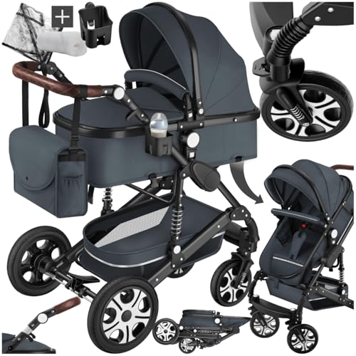 tectake® 2 in 1 Kinderwagen, klappbarer Kinderwagen Buggy mit Liegefunktion, mit Fußsack Buggy, Buggy mit Getränkehalter, herausnehmbarer Babywanne und Regenschutz - anthrazit