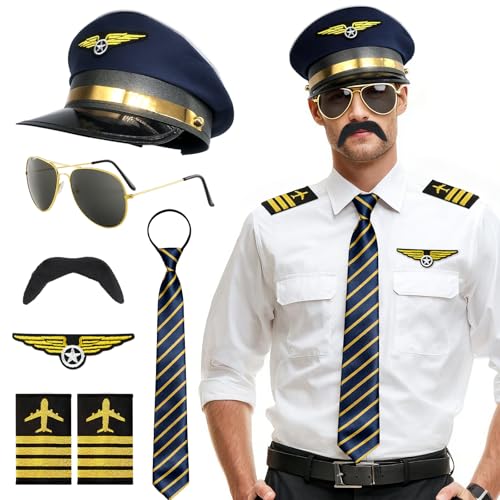 7 PCS Piloten Kostüm Herren, Pilot Kostüm Herren mit Pilotenmütze, Pilotenbrille & Schulterklappen Kapitän, Karneval Kostüm Männer, Faschingskostüme Herren Junge für Flieger Kampfpilot Jetpilot