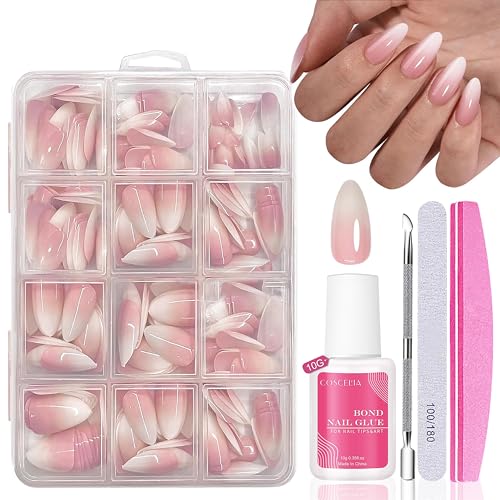 Nagel Tips Set - 240 Stück Französisch Falsche Nägel Zum Aufkleben - Weiß Rosa Gradient Design Künstliche Fingernägel Full Cover Fake Nails soft gel Natürliches & Angenehmes Tragegefühl (Pink Mandel)