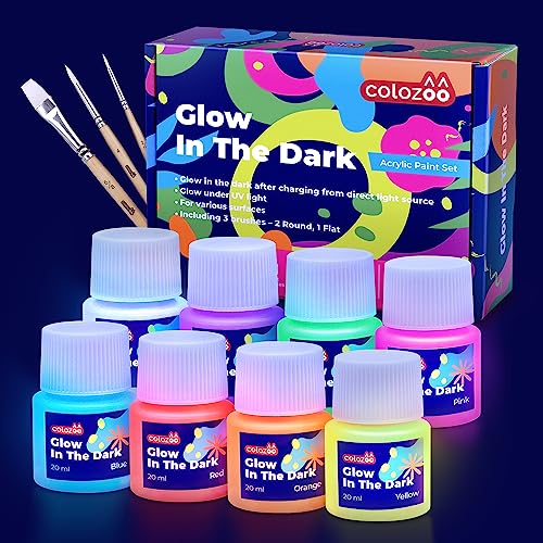 colozoo Glow in the Dark Acryl Farben Set | 8x20ml Fluoreszierende Farbe + 3 Pinsel | Die Nachtleuchtend Acrylfarben sind Dauerhaft auf jede Oberflächen