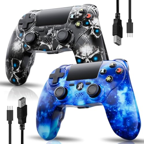 2er-Pack Kabelloser Controller für PS4, Multi-Plattform Controller kompatibel mit PS4/Pro/Slim/PC/iOS/Android/MacOS, mit Dual-Vibration/3,5-mm-Audio-Buchse/empfindlichem Touchpad (Blau & Schädel)