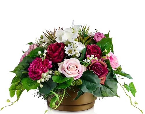 Grabtopf mit künstlichen Rosen in Pink Rosa Rot 30x20cm | runder Topf mit Beschwerung stabil | realistisch EU Handmade | für Friedhof o. öffentliche Räume Geschäfte - Innen und Außenbereich