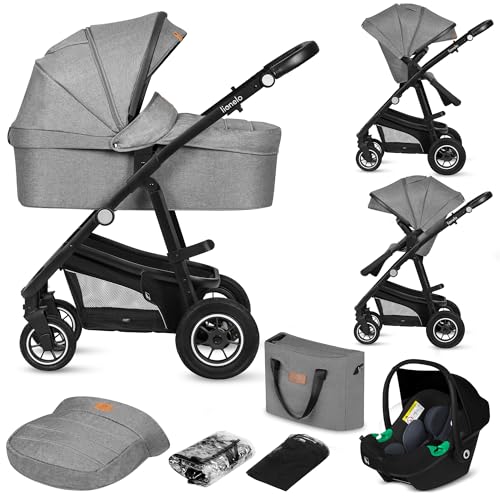LIONELO BIANKA Kinderwagen 3 in 1 bis 22 kg Babywanne Autositz Zusammenlegbar, Reise-System, Einstellung der Rückenlehne, Räder 360o Stoßdämpfer, Verdeck XXL