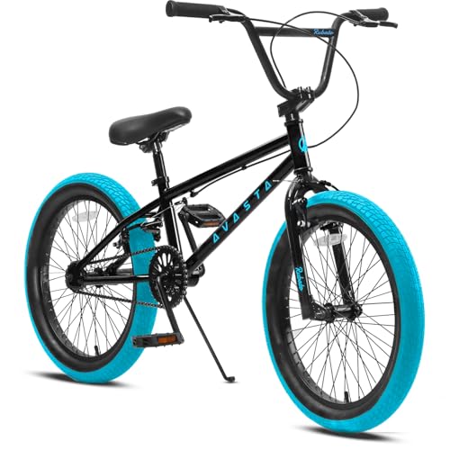 AVASTA18 Zoll Kinderfahrrad Freestyle BMX Fahrrad für 5 6 7 8 Jahre alt Jungen Mädchen und Anfänger, Schwarz mit blauen Reifen